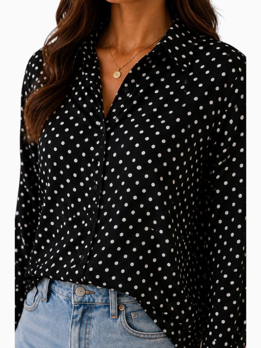 NWT T TAHARI WOMEN'S BLACK WHITE POLKA DOT BUTTON FRONT BLOUSE SIZE M - Picture 3 of 4